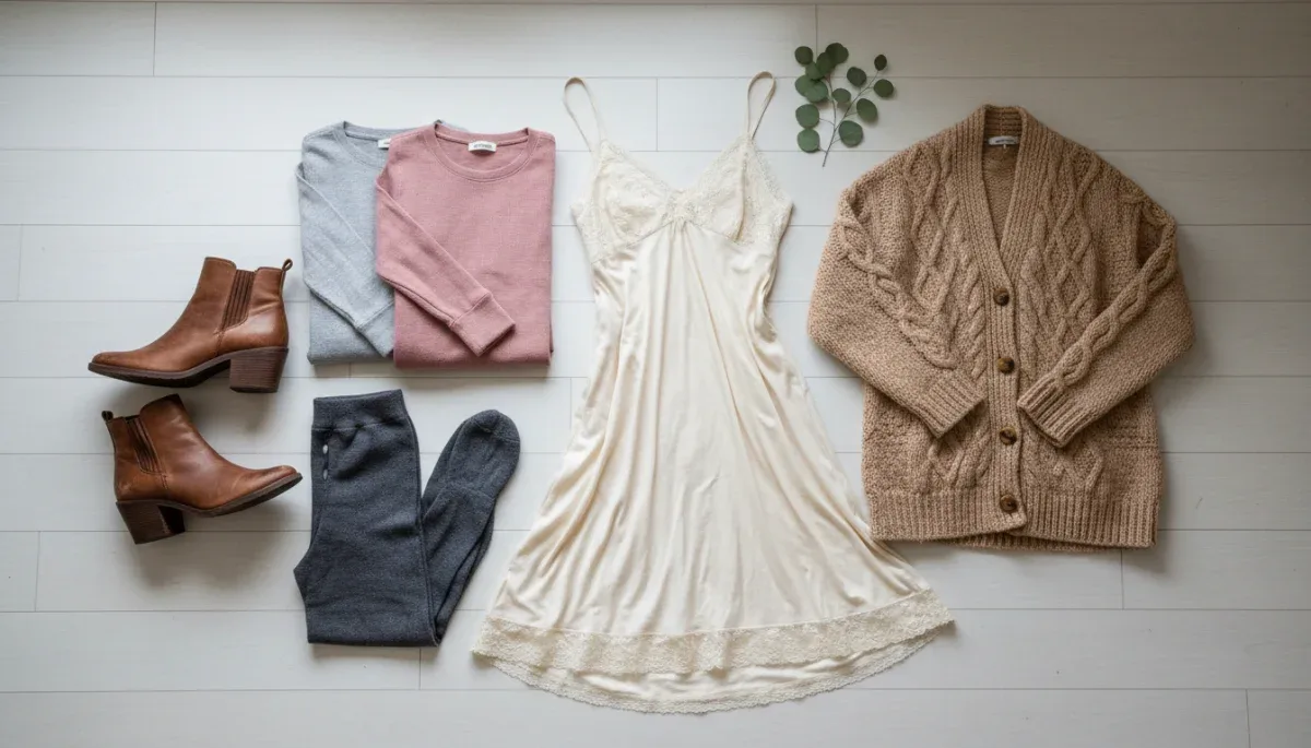Flat-lay layout of warm thermal layers and accessories paired with a lightweight summer slip dress.