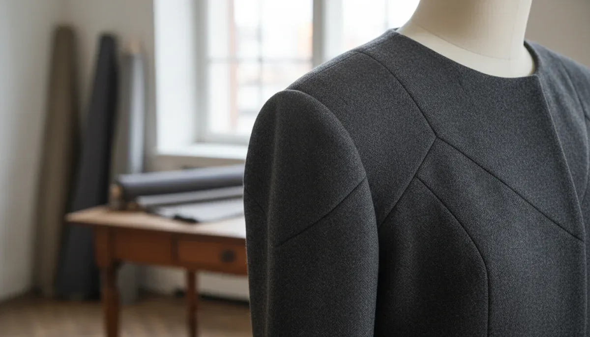 Detailed view of seamless shoulder construction and precise tailoring seams