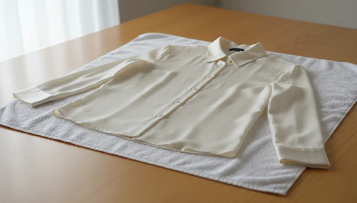 Silk blouse drying flat on a white towel to preserve fabric shape