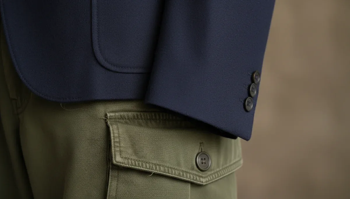 Detailed view of tailored navy wool blazer fabric next to green utility cargo pant pocket.