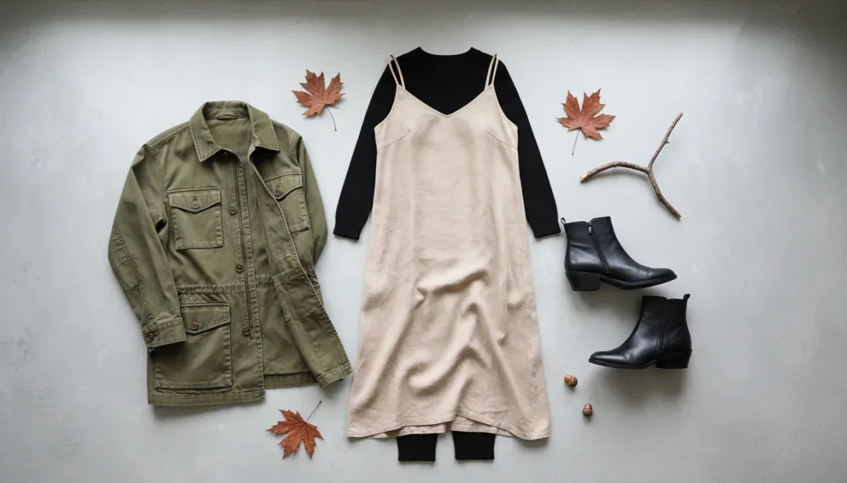 Autumn layering essentials including boots, tights, and a jacket arranged with a slip dress.