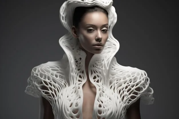 A model wearing an avant-garde garment made from recycled materials. The design is futuristic and unconventional, showcasing the designer's creativity and commitment to sustainability. The background is a stark, industrial setting.