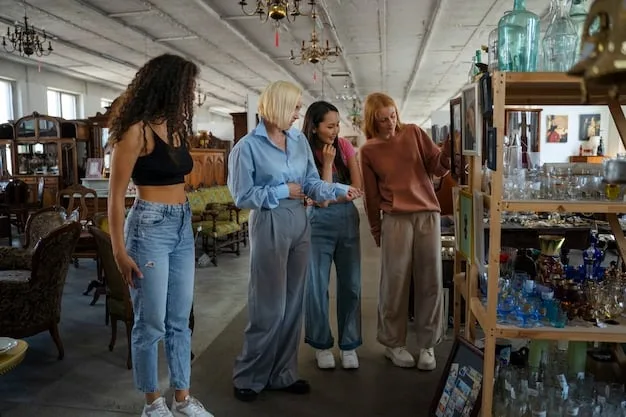 A woman smiling while talking to a vintage store owner. They appear to be in the midst of a friendly negotiation over the price of an item.