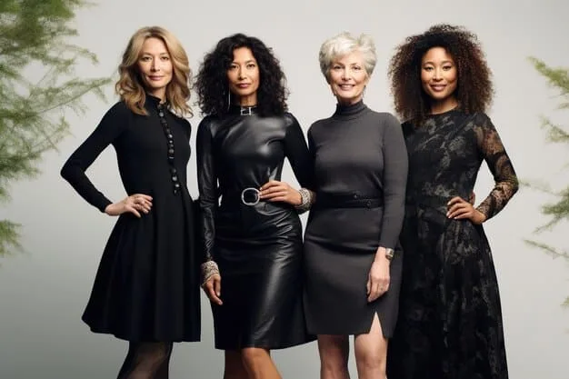 A diverse group of women, each wearing a different style of little black dress and styled with unique accessories, showcasing the versatility of the LBD for different body types and personal tastes, standing in a natural light and green outdoor setting.
