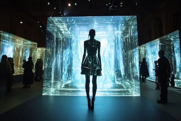 A model showcasing a technologically advanced garment in a runway show, with digital projections displaying relevant data or interactive elements onto the fabric, highlighting the designer's innovation.