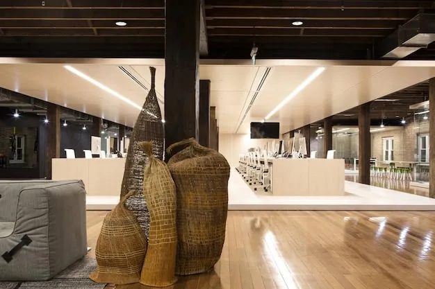 A minimalist, high-end design studio in downtown New York, showcasing sleek furniture and lighting, with a diverse group of designers collaborating on a mood board, emphasizing creativity and urban influence.