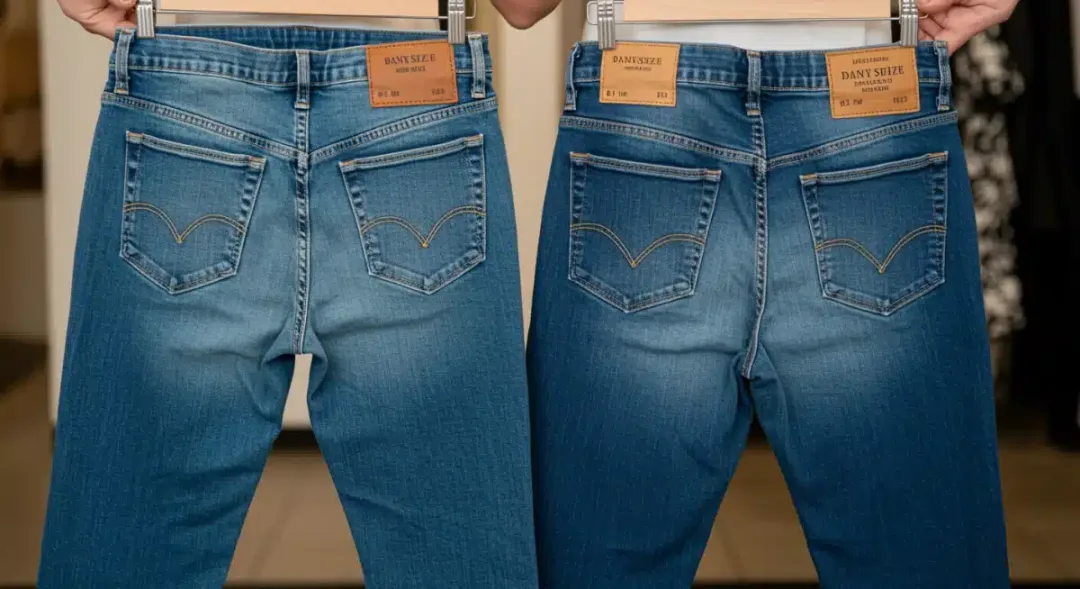 Woman comparing two pairs of designer jeans of the same size with visible differences
