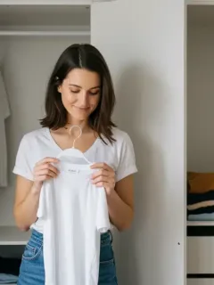 Woman with organized capsule wardrobe, minimalist style