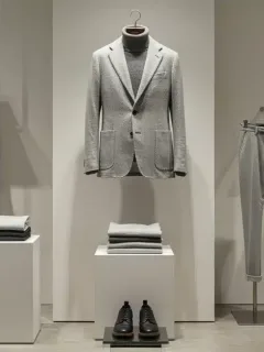 Understated luxury fashion display with muted colors and subtle branding.