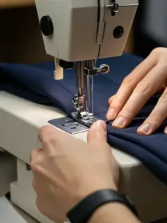 Tailor's hands precisely adjusting a garment hem on a sewing machine, embodying expert craftsmanship.
