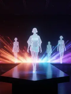 Holographic models on a futuristic digital runway with virtual audience