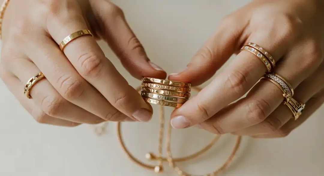 Hands arranging various rings and bracelets for accessorizing
