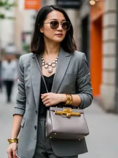Stylish woman wearing statement accessories, elevating a classic outfit