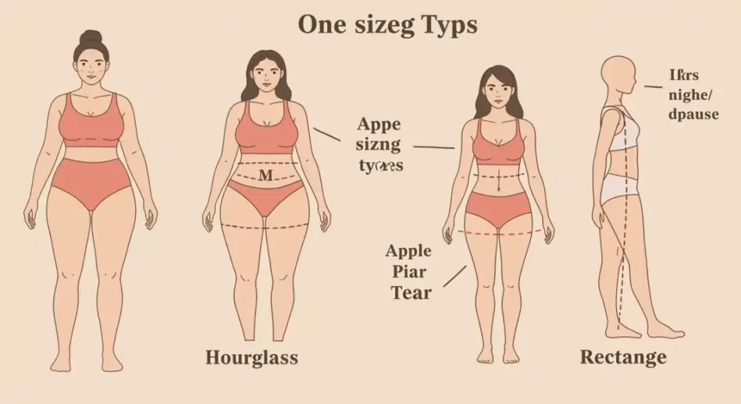 Infographic showing how a single size M fits various body shapes differently