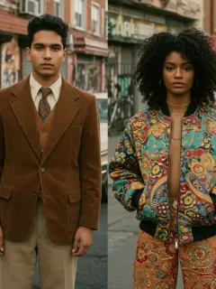 Stylish young people showcasing unique vintage outfits in an urban setting, representing sustainable fashion trends.