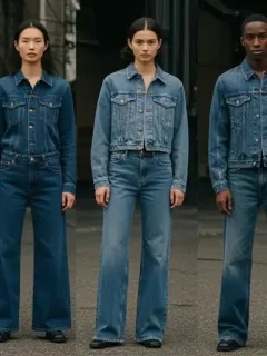 Models wearing modern and diverse denim styles in a city environment, highlighting recent fashion trends.