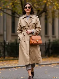 Woman in vintage-inspired trench coat on city street