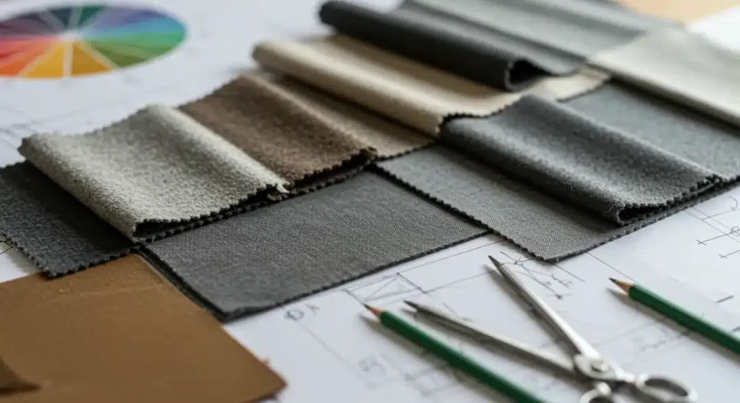 Array of sustainable fabric swatches on a designer's desk.