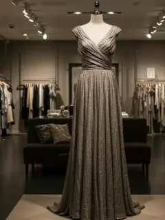Elegant gown crafted from sustainable material in a luxury store setting.