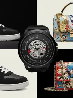 Luxury designer collaboration products in a modern collage