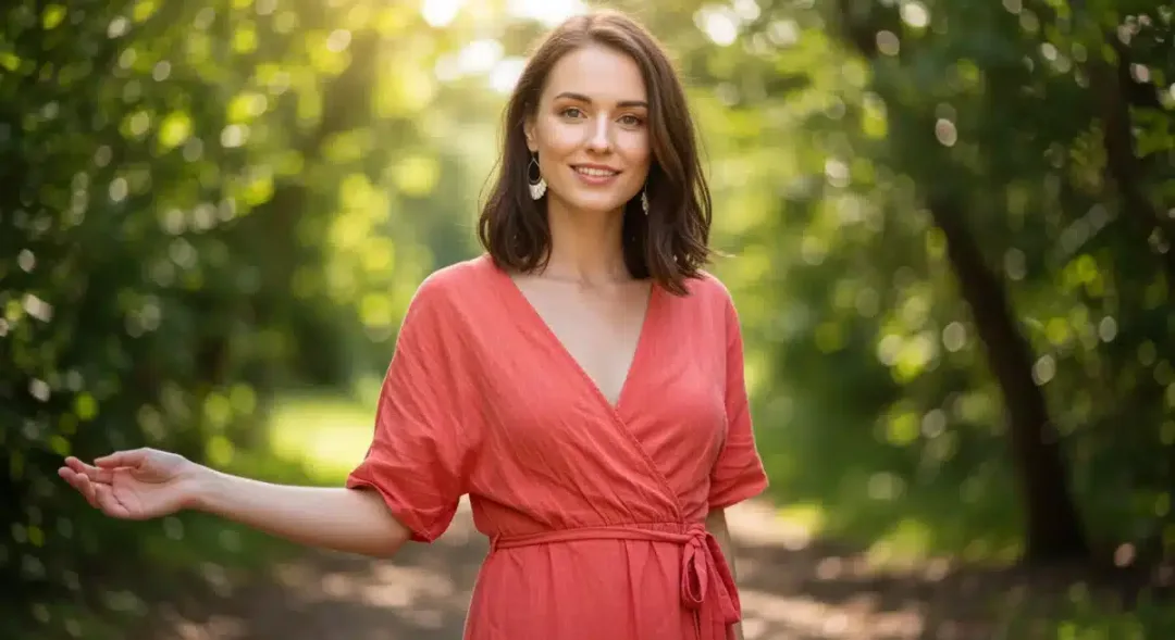 Woman confidently wearing clothes in her seasonal color palette, showcasing natural radiance.