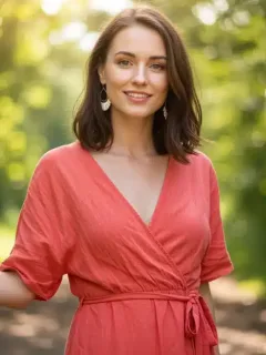 Woman confidently wearing clothes in her seasonal color palette, showcasing natural radiance.