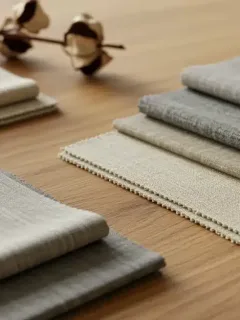 Assortment of natural sustainable fabric swatches on a wooden table