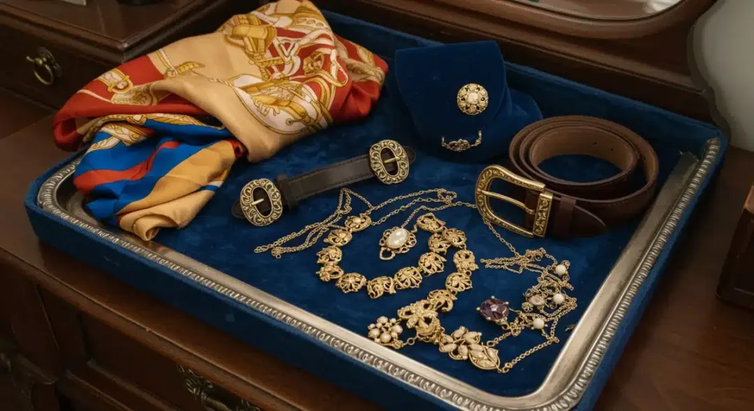Collection of vintage designer accessories on velvet tray