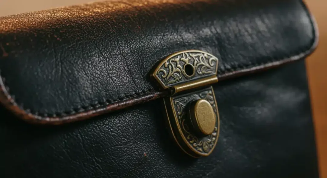 Close-up of vintage designer handbag clasp with patina