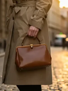 Woman in vintage designer trench coat and handbag on European street
