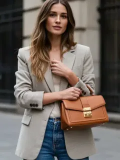 Model wearing a high-low fashion outfit, blending luxury and affordability