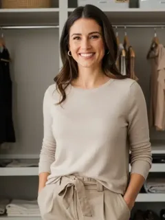 Woman confidently showcasing a minimalist capsule wardrobe outfit