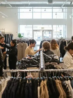 People happily shopping for affordable sustainable fashion in a vibrant thrift store.