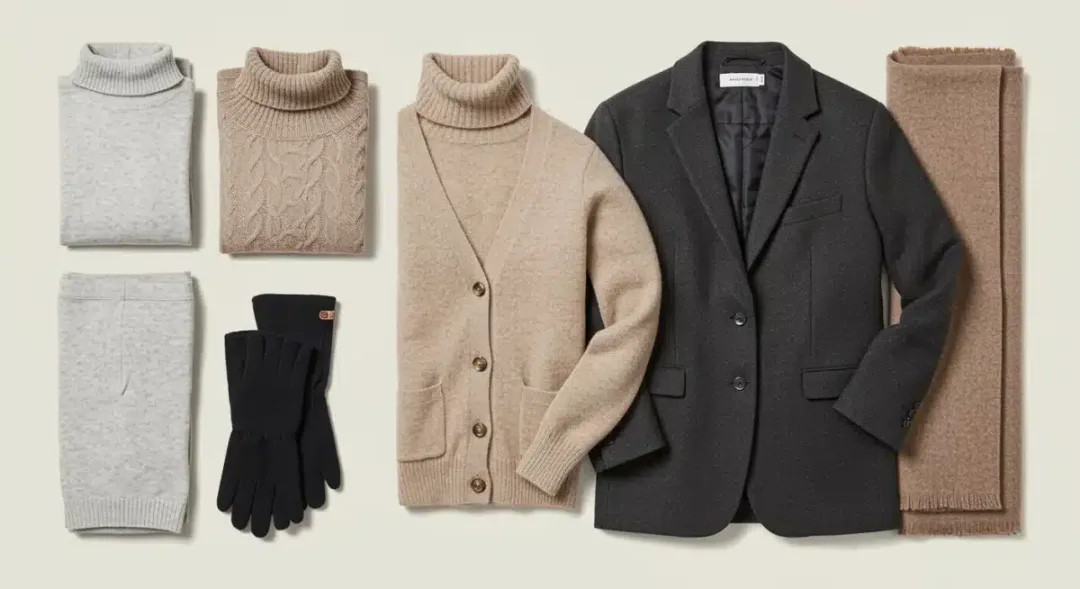 Complete winter layered outfit flat lay with accessories