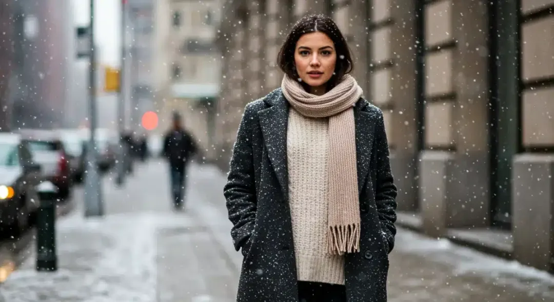 Woman in stylish layered winter outfit walking city street