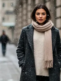 Woman in stylish layered winter outfit walking city street