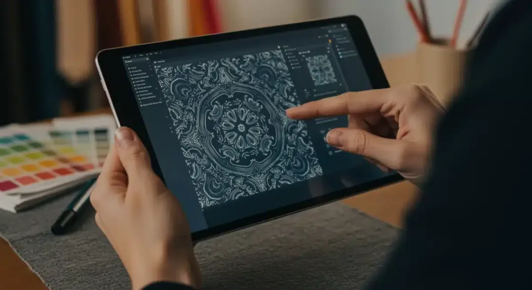 Designer utilizing AI software for textile pattern generation