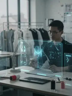 AI-powered fashion design studio with designers and holographic interfaces