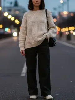 Woman in cream oversized sweater and wide-leg pants