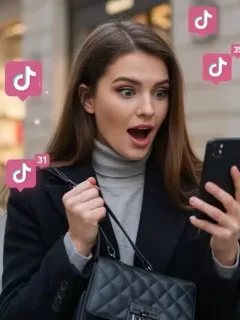 Woman reacting to designer brand going viral on TikTok