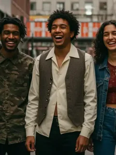 Stylish individuals in unique vintage outfits sourced online, showcasing diverse fashion.