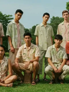 Models showcasing eco-friendly clothing in a natural setting, embodying sustainable fashion choices.