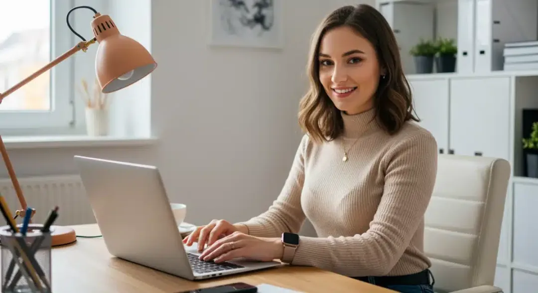 Woman in stylish work-from-home attire in a home office