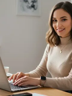 Woman in stylish work-from-home attire in a home office