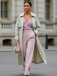 Woman in pastel trench coat and wide-leg trousers, embodying Spring 2026 integrated fashion.