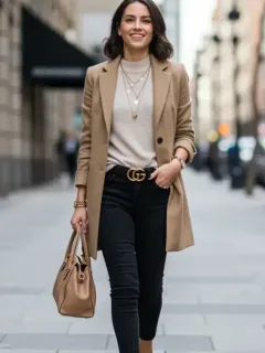 Stylish woman in budget-friendly fashion, looking high-end on city street