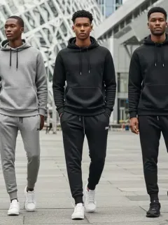 Stylish individuals in modern athleisure wear, urban backdrop