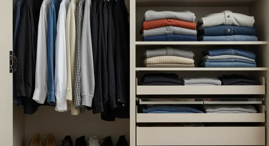 Curated versatile wardrobe with organized clothing and accessories