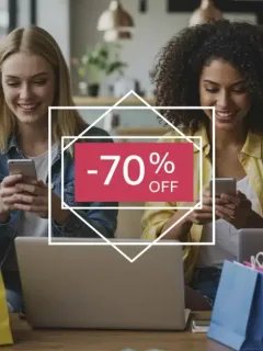 People happily shopping online for fashion deals on their devices with big savings.