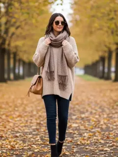Woman in fall outfit, cozy knit, jeans, and boots under $150